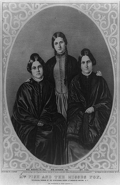 The Fox sisters: Kate (1838–92), Leah (1814–90) and Margaret (or Maggie) (1836–93). Lithograph after a daguerreotype by Appleby. Published by N. Currier, New York.