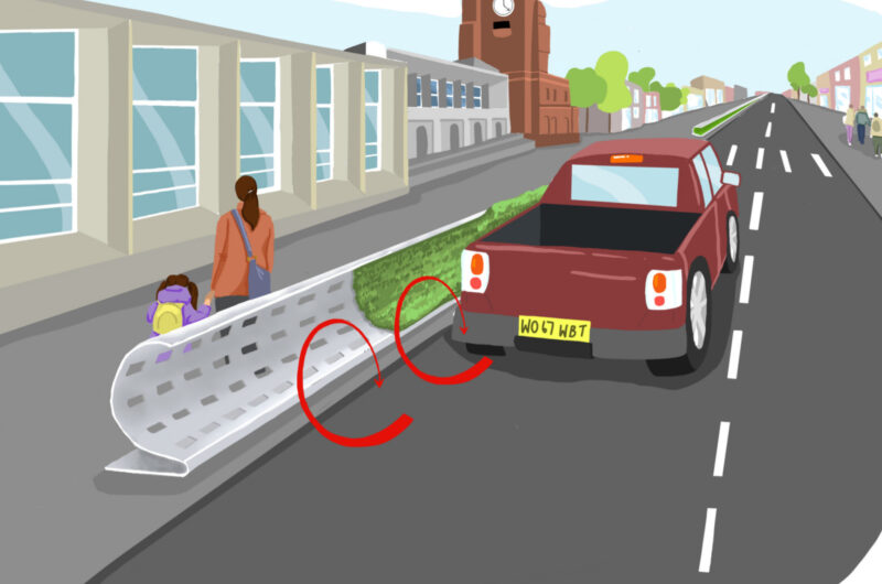 Image shows how curved barriers deflect pollution produced by a car away from pedestrians.