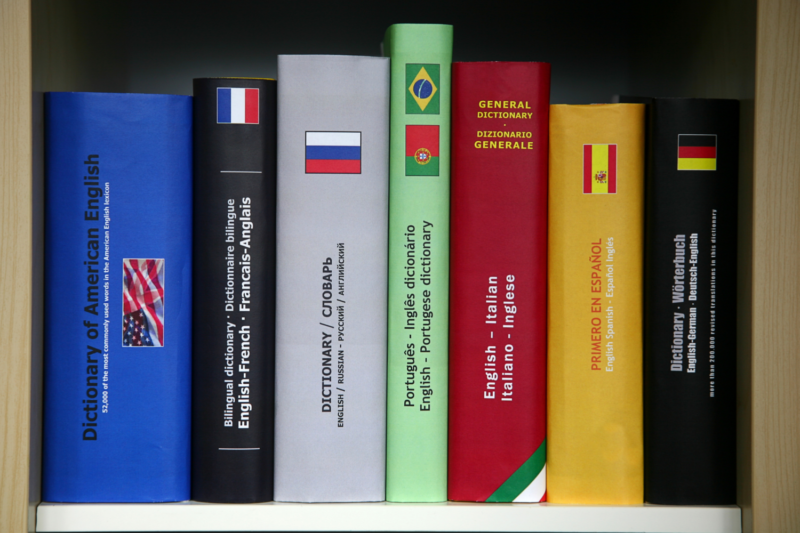 Photo of multiple books with different languages on a bookshelf