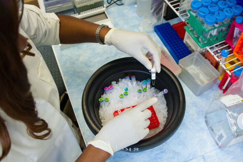 Researcher setting up genetic samples and primers for polymerase chain reaction, or PCR, a laboratory technique used to make multiple copies of a segment of DNA.