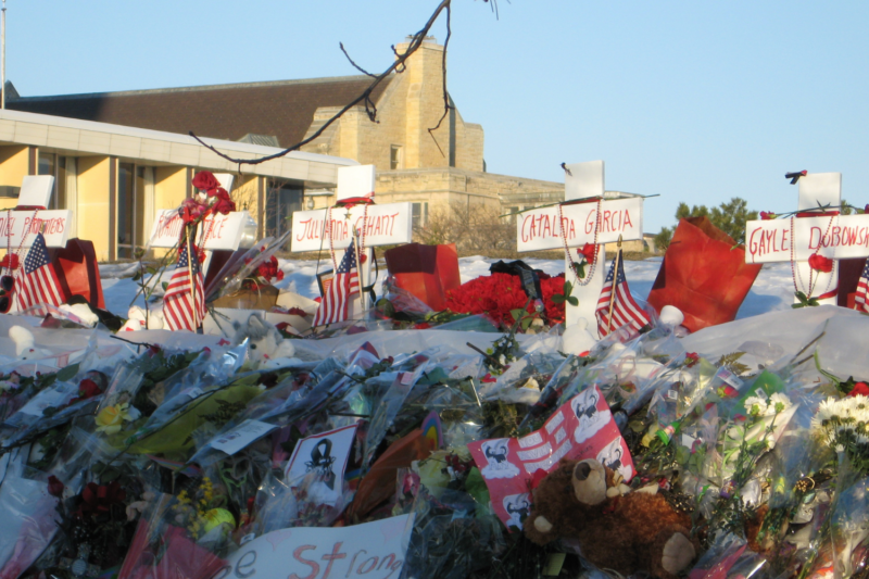 A makeshift memorial site, established near the MLK Commons at Northern Illinois University, within a week of the February 14, 2008 shooting which killed six and injured 18 people