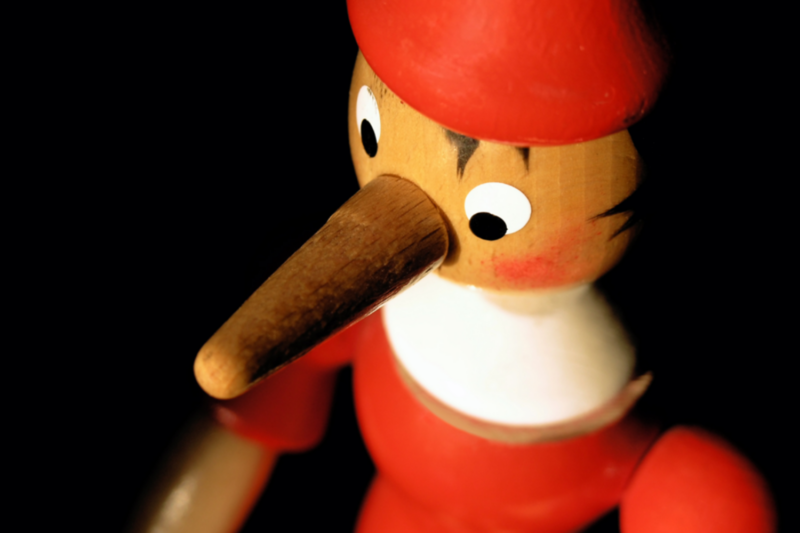 wooden puppet with long nose with red hat and shirt