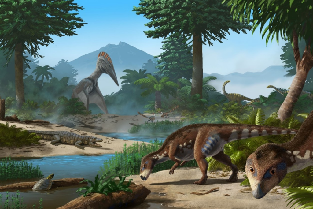 Three young dinosaurs run from a large herbivore in a forest