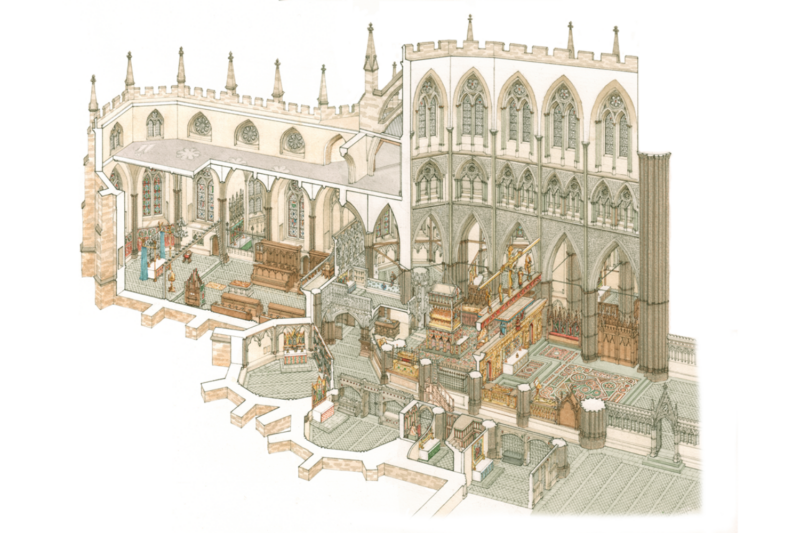 An elaborate reconstruction of Westminster Abbey. The image shows how the east end of the Abbey church and its furnishes may have looked – crafted by illustrator Stephen Conlin, based on evidence from the study