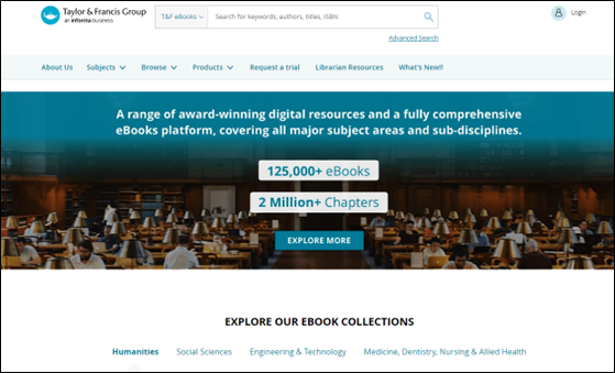 Screenshot of the Taylor & Francis eBooks homepage which features an image of a library reading room, with the following text: "A range of award-winning digital resources and a fully comprehensive eBooks platform, covering all major subject areas and sub-disciplines. 125,00+ eBooks. 2 million+ chapters"