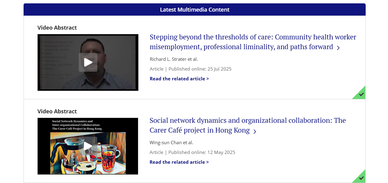 Screenshot of the multimedia section of the journal 'Human Organization', showing 2 video abstracts.