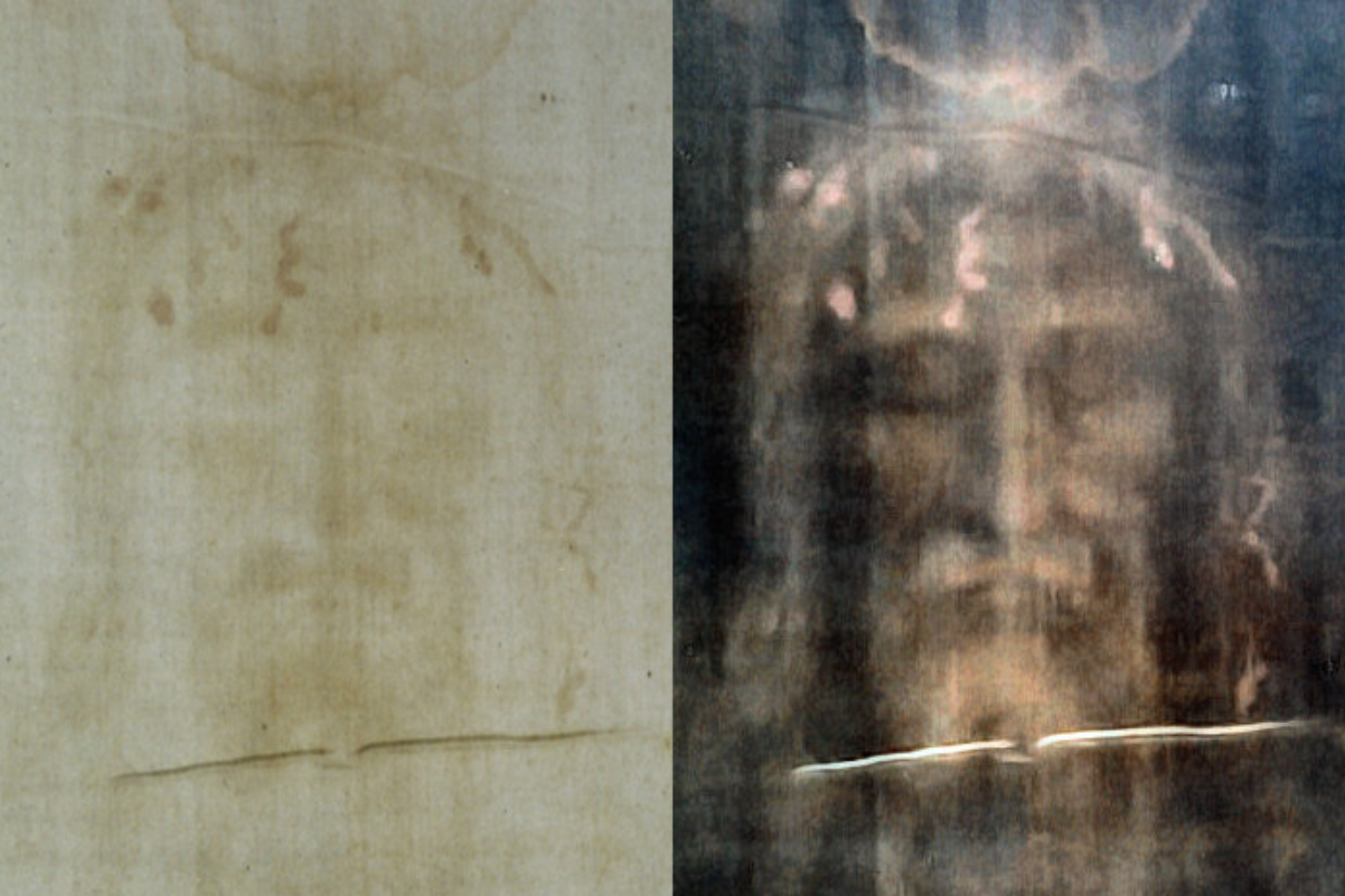 Processed image of the Shroud of Turin showing a sepia-toned impression of the face that may have been wrapped in the Shroud.