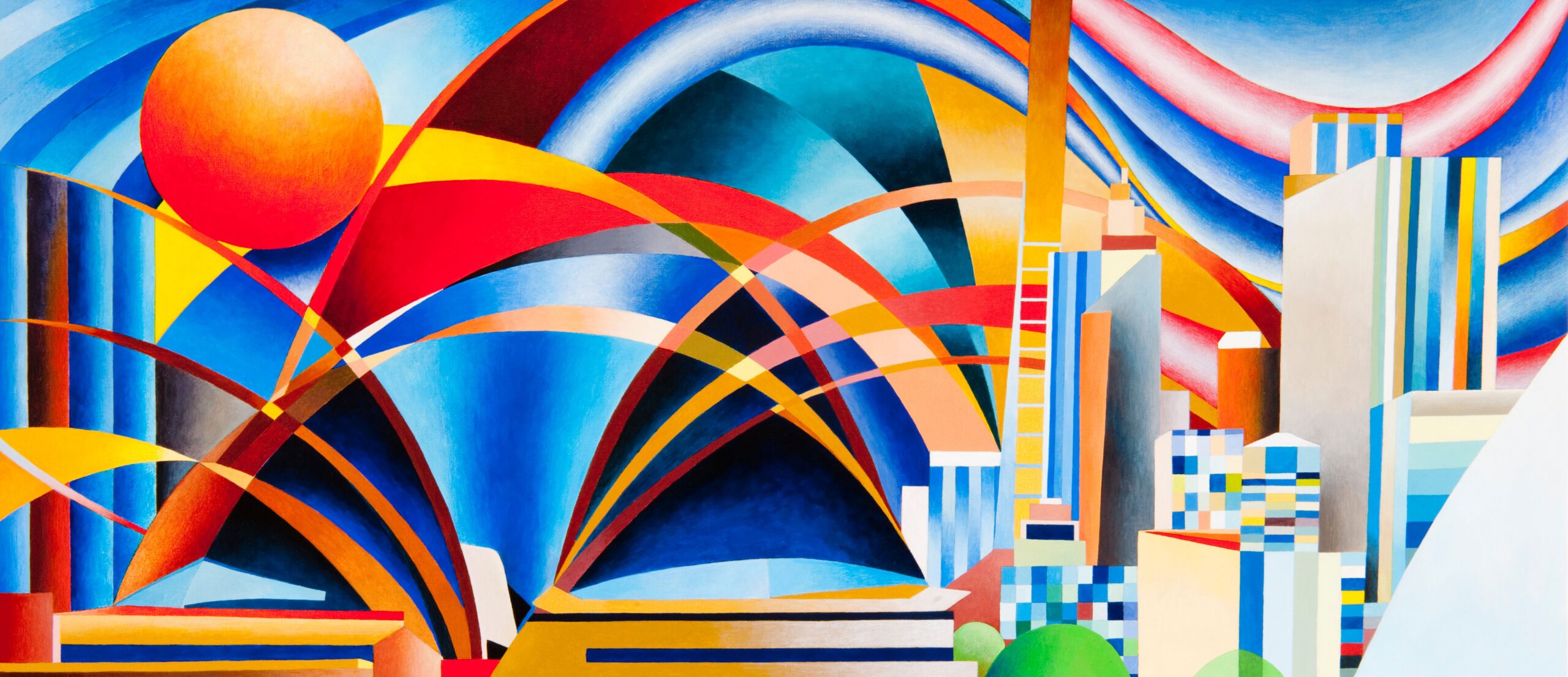 Acrylic painting of the Sydney Opera House using bold colors and shapes.
