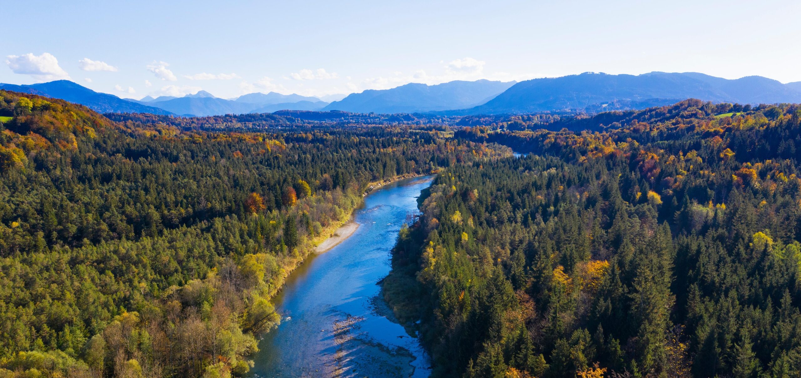 Photo of a wide river surrounded by forests, with mountains in the distance.