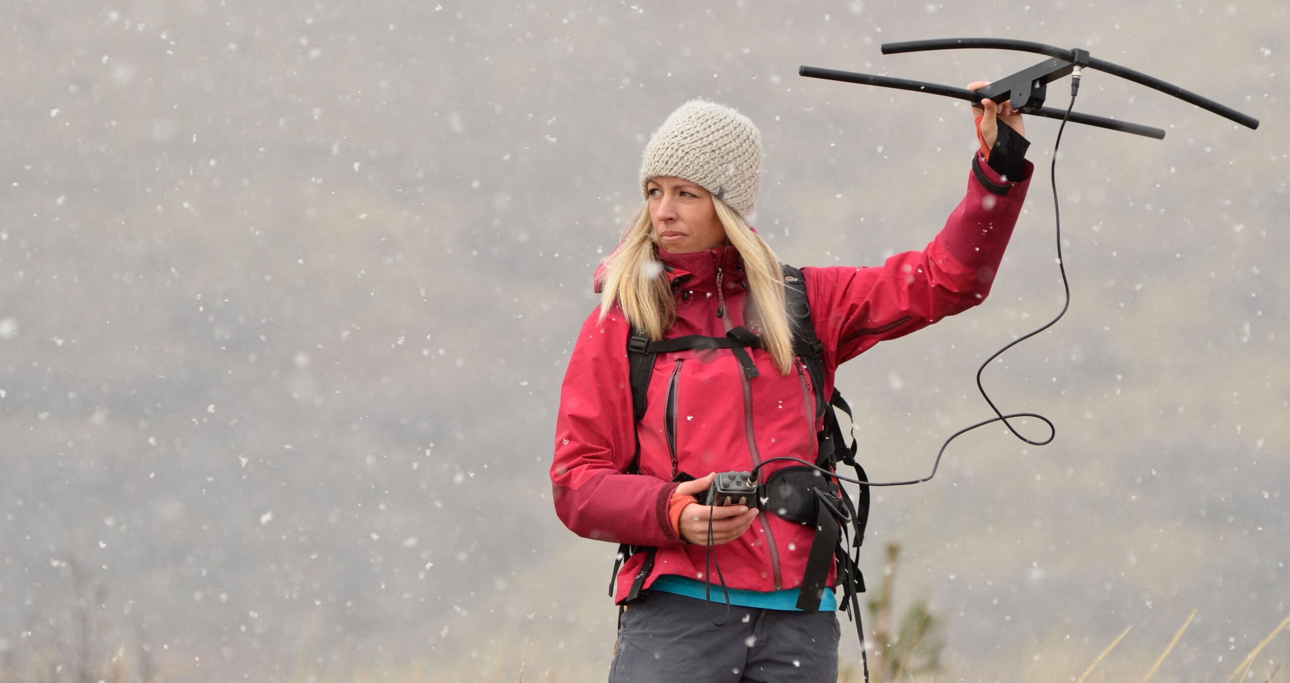 Photo of a researcher standing outside in light snow, using radio telemetry to track wildlife in Oregon's Grande Ronde Valley
