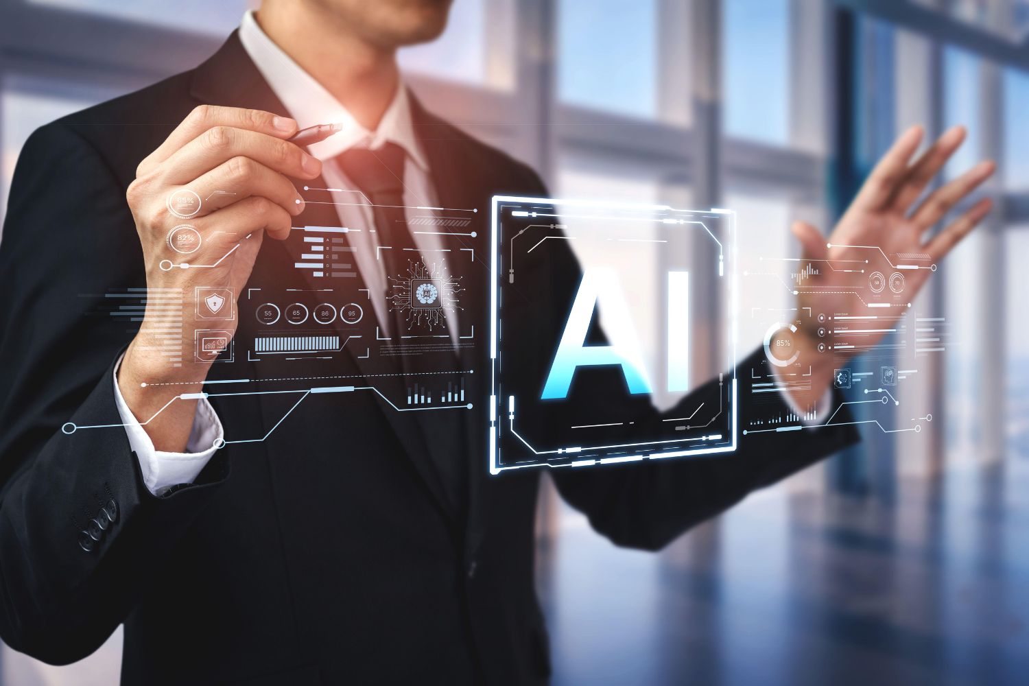 A man in a suit interacts with a transparent AI interface.