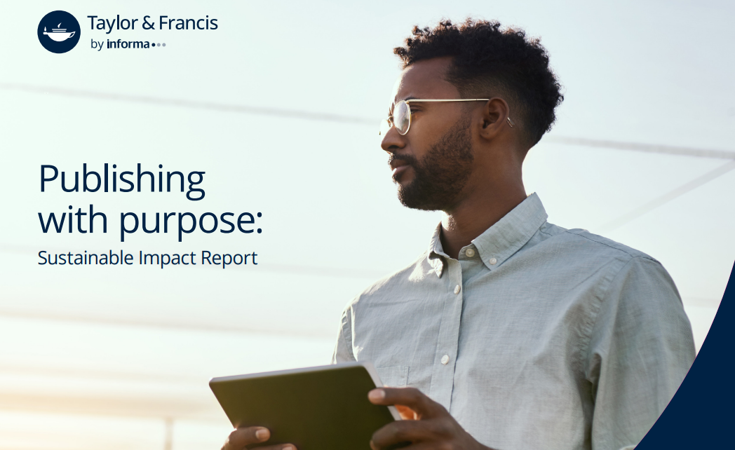 Cover of impact report, showing a person outside holding a tablet computer. The wording reads: "Publishing with purpose: Sustainable Impact Report"