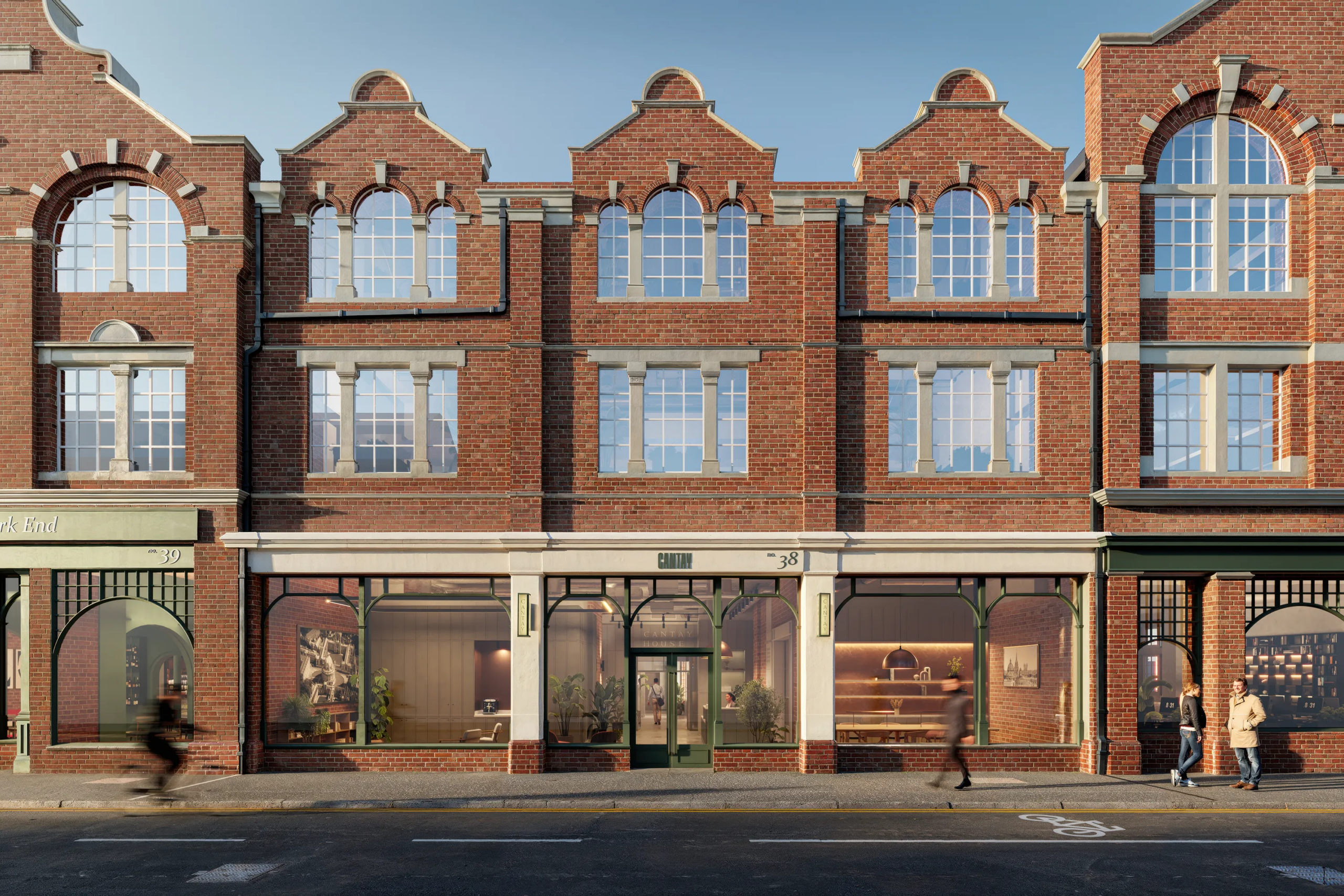 CGI image of Cantay House, a 3-storey brick building with large windows and open glass frontage