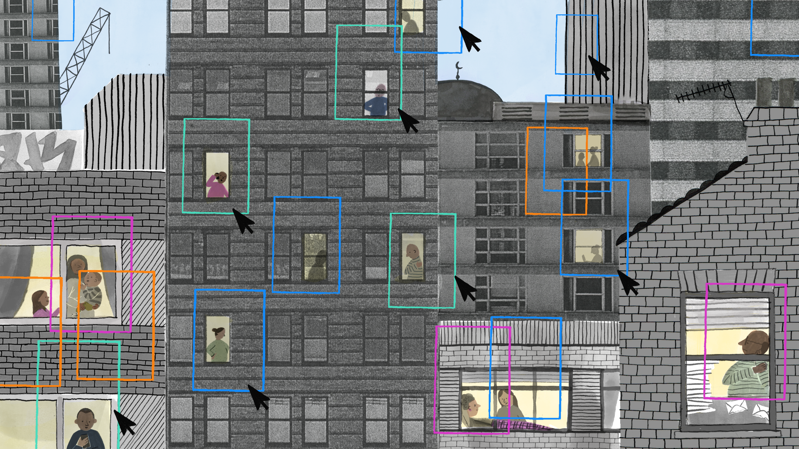 Illustration shows a variety of people carrying out their daily activities in a city, while various cursors and boxes show how some might be selected over others, or clustered by the data collected about them.